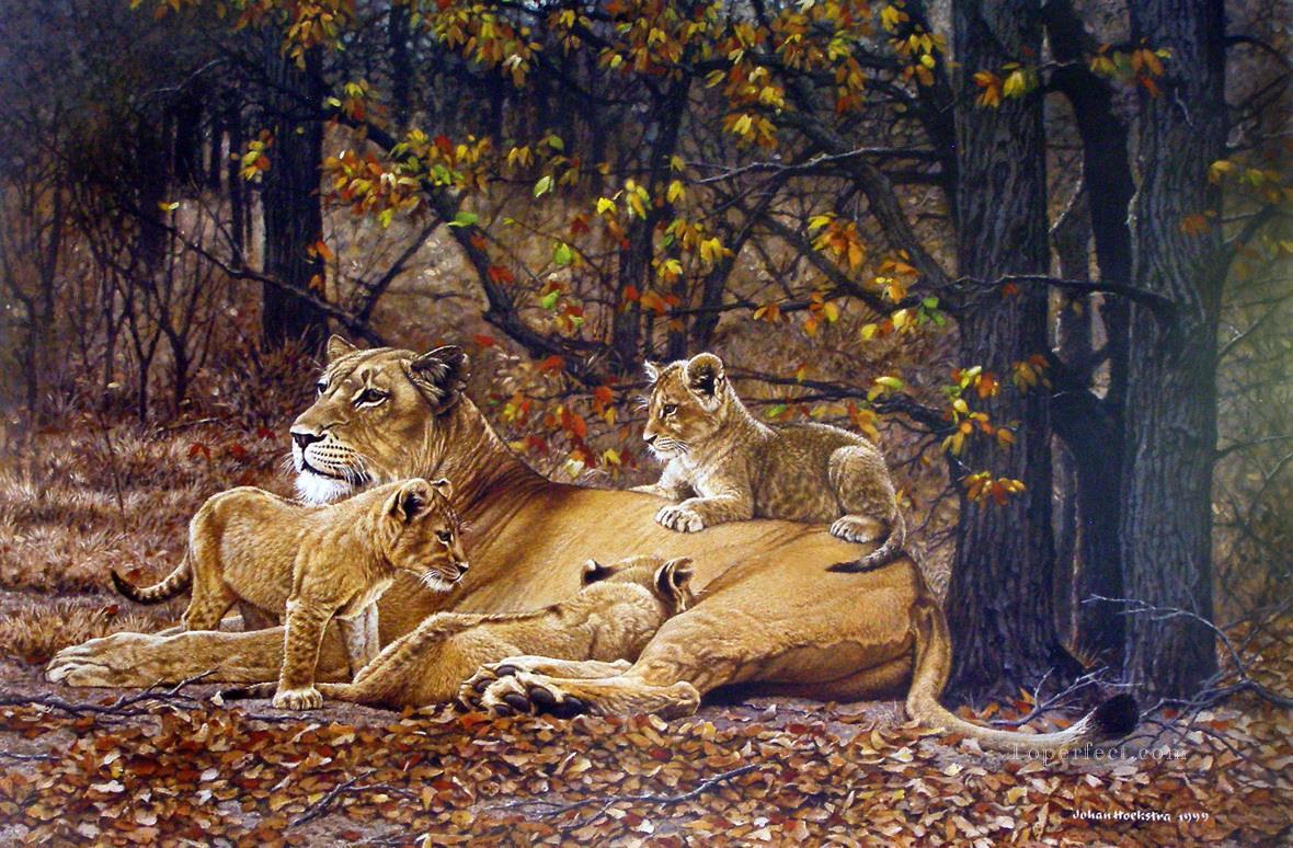 雌ライオンと子ライオン油絵